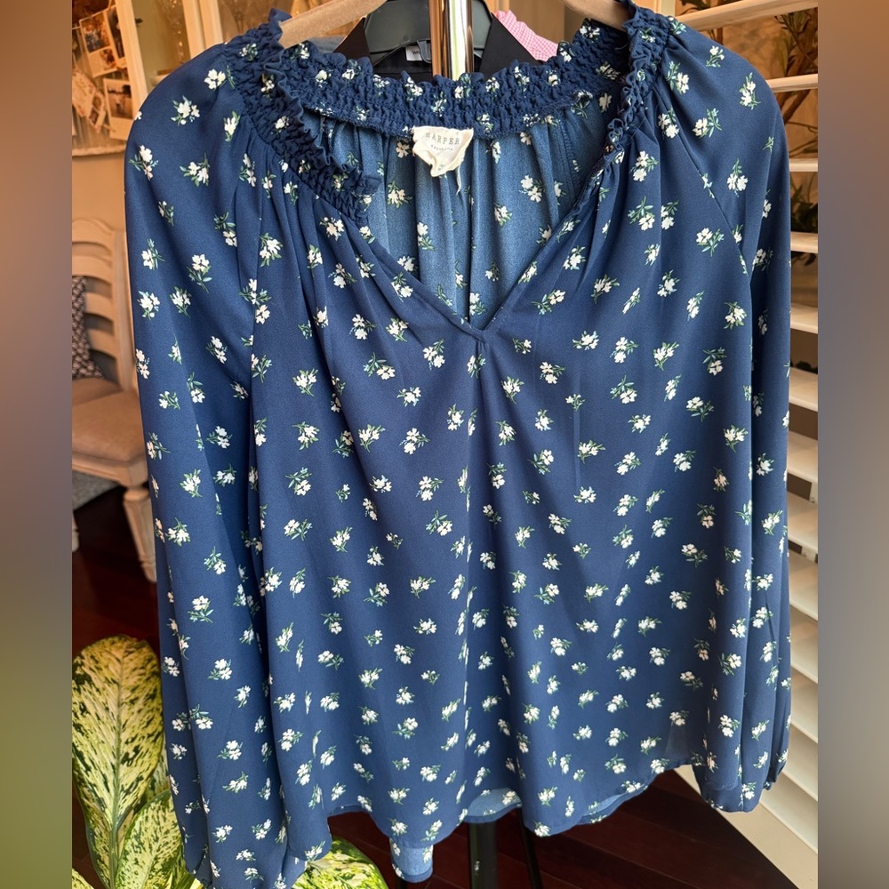 Blue Floral Peasant Top